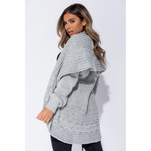 Grey Chunky Cable Knit Long Sleeve Shawl Collar Open Front Midi Cardigan - Picture 4 of 11